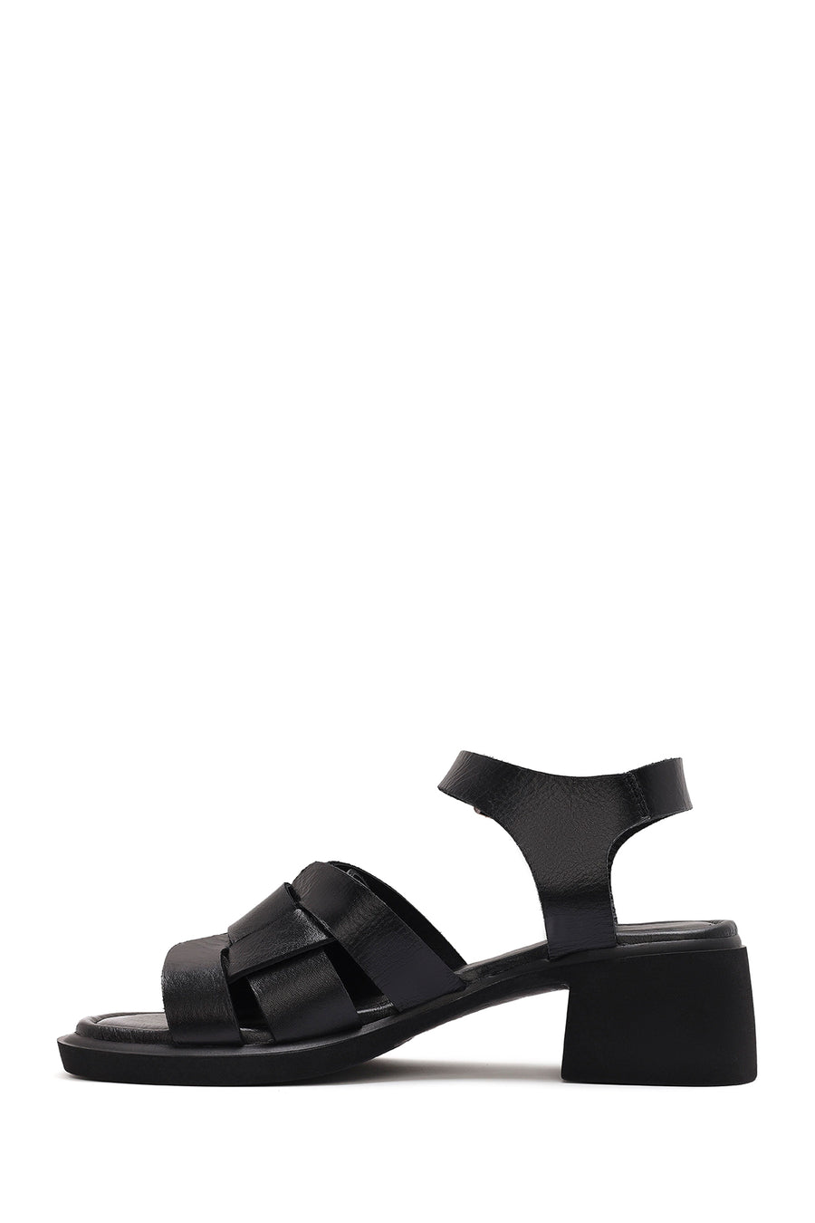 Women's Black Ankle Buckle Low Heeled Leather Sandals