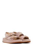 Woman Beige Double-Buckle Thick-Soled Suede Leather Comfort Sandal | Derimod