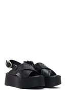 Women's Black Ankle Buckle Platform Wedge Leather Sandals | Derimod