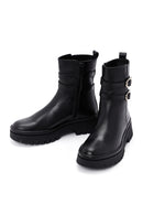 Women's Black Double Buckle Zippered Casual Leather Boots | Derimod