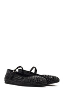 Women's Black Stone Leather Ballet Flats | Derimod