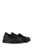 Woman Black Stone-Detail Wedge Heel Leather Comfort Shoes | Derimod