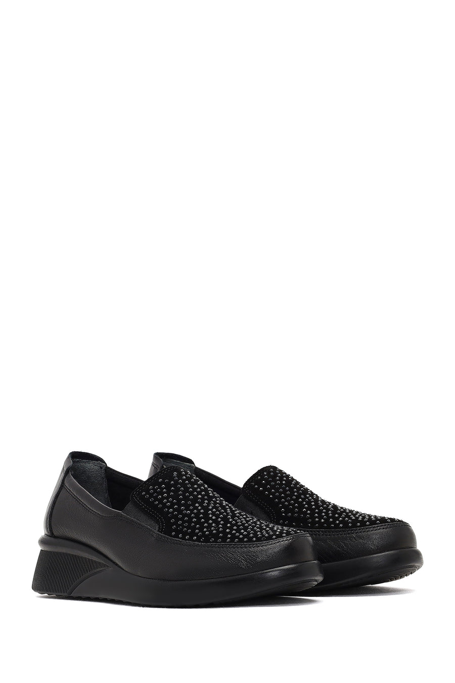 Woman Black Stone-Detail Wedge Heel Leather Comfort Shoes