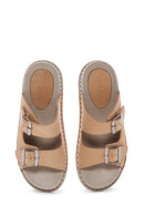 Women's Beige Double Buckle Nubuck Leather Slippers | Derimod