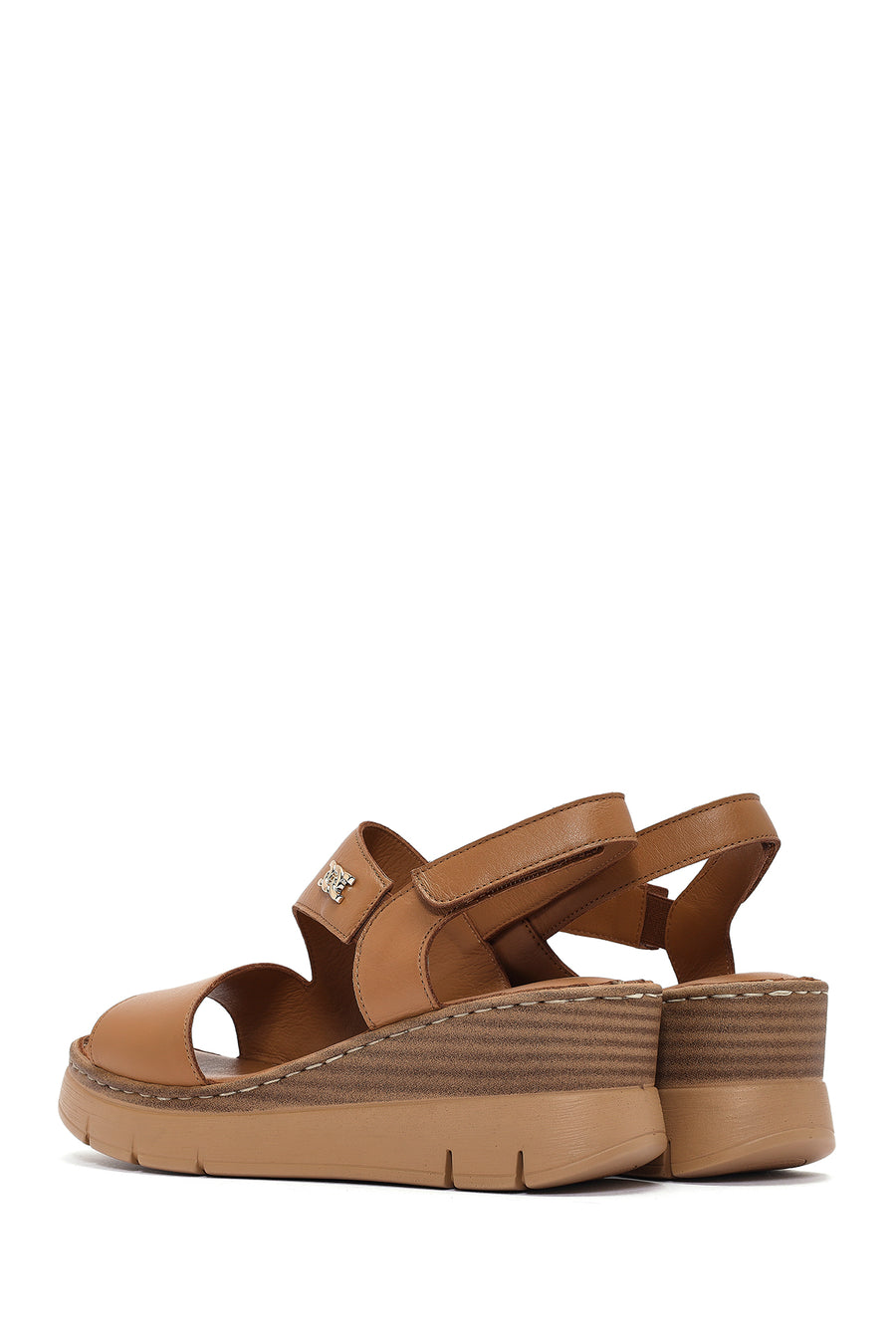 Women's Tan Strappy Wedge Heeled Leather Comfort Sandals
