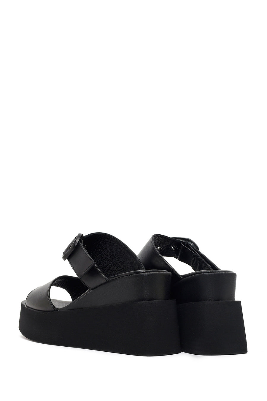 Women's Black Buckle Platform Leather Slippers