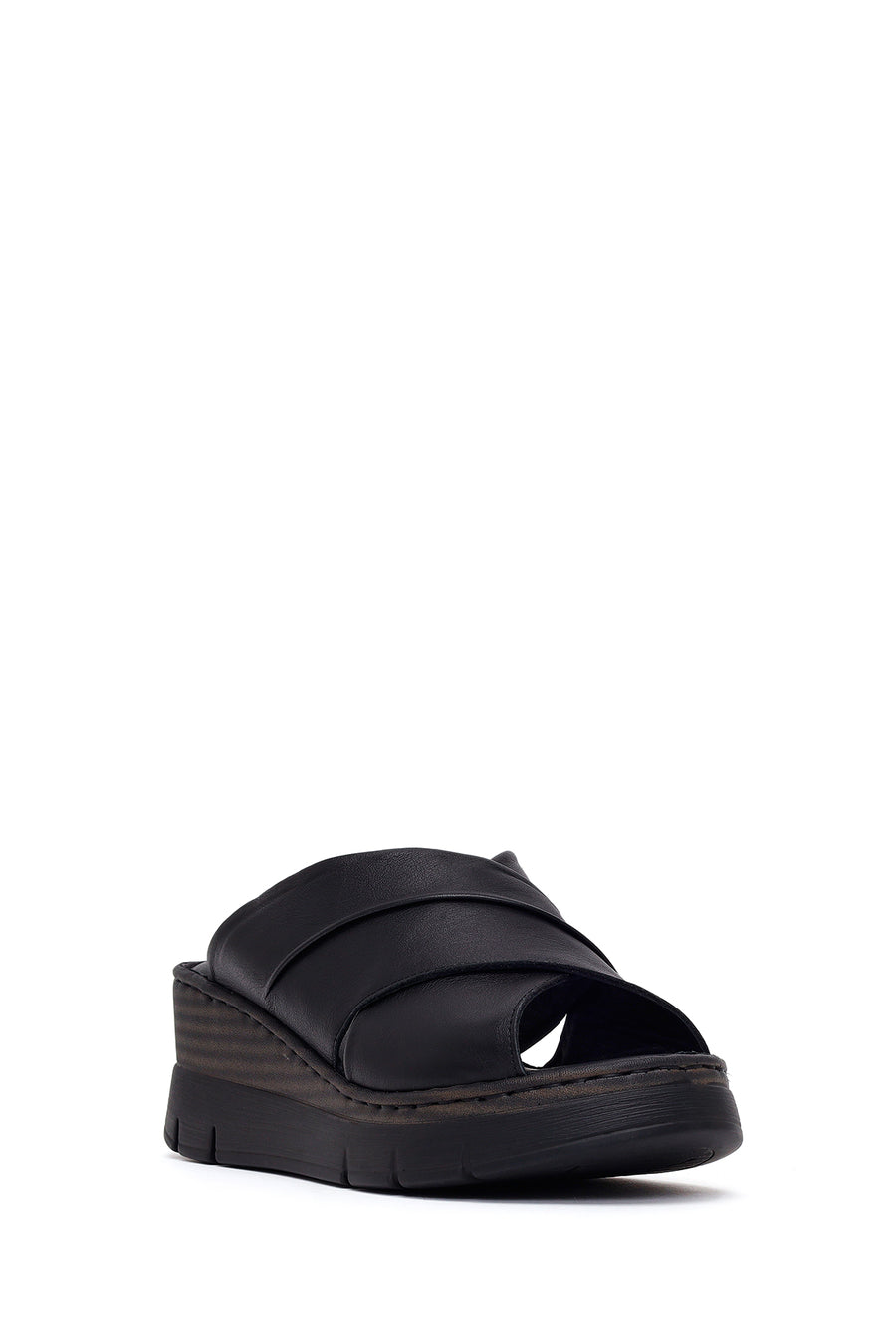 Woman Black Wedge Leather Comfort Slippers