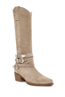 Women's Beige Thick Heel Buckle Detailed Suede Leather Cowboy Boots | Derimod