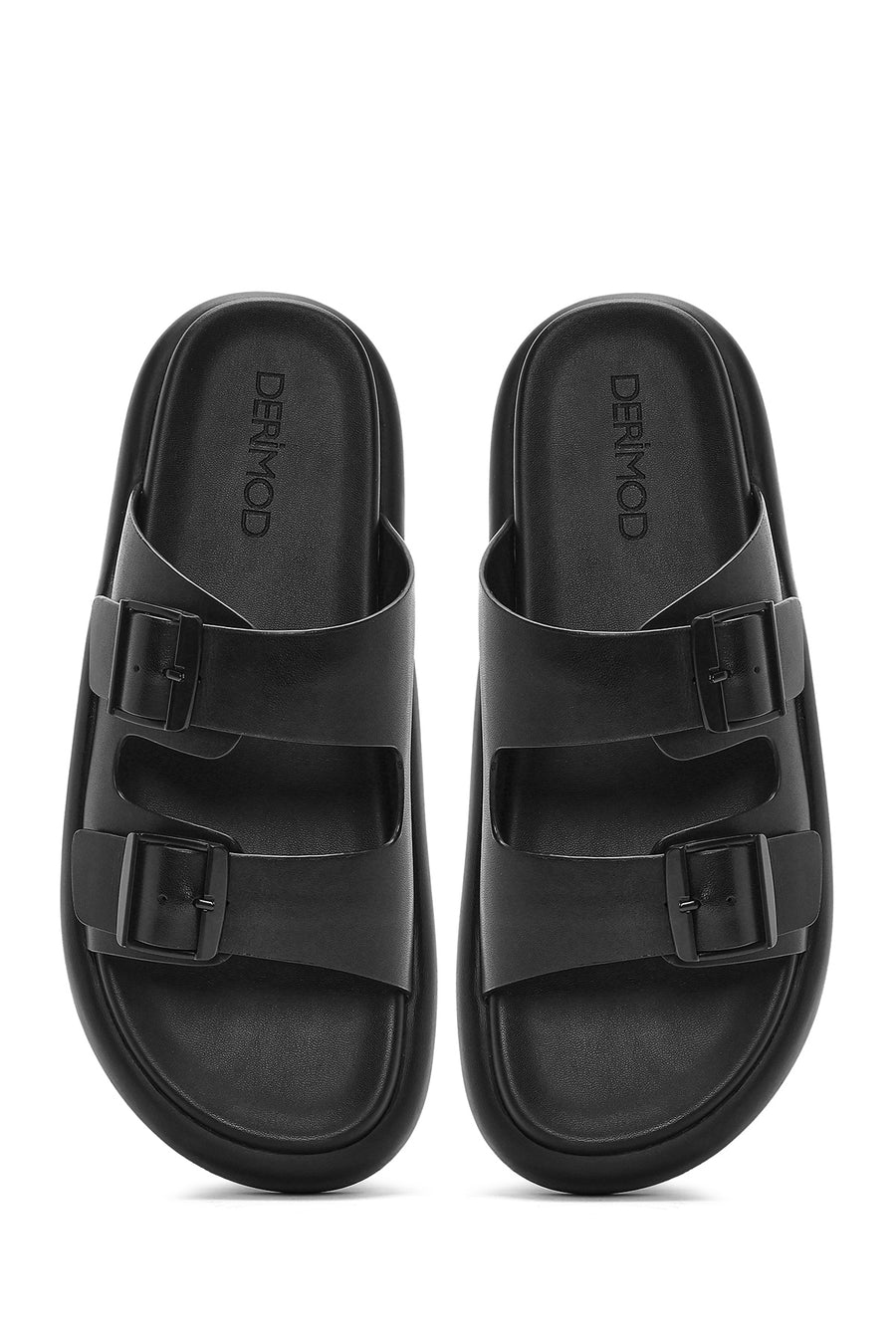 Men's Black Buckled Leather Slippers