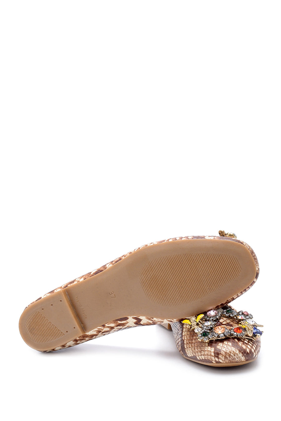 Women's Leather Snakeskin Patterned Stone Ballerinas
