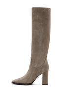 Women's Beige Suede Leather Heeled Boots | Derimod