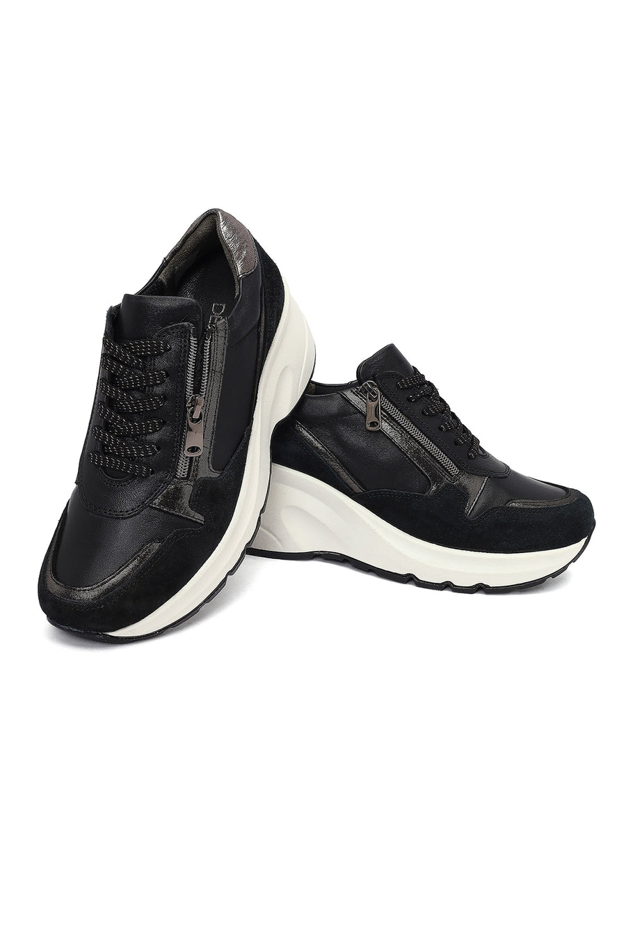 Kadın Siyah Bağcıklı Fermuar Detaylı Dolgu Topuklu Deri Sneaker