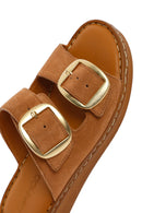 Women's Tan Buckle Suede Leather Comfort Slippers | Derimod