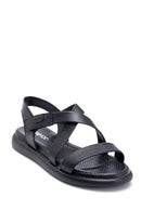 Women's Black Leather Flat Sandals | Derimod