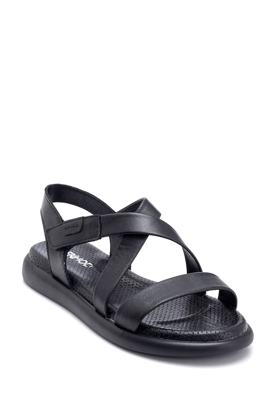 Women's Black Leather Flat Sandals