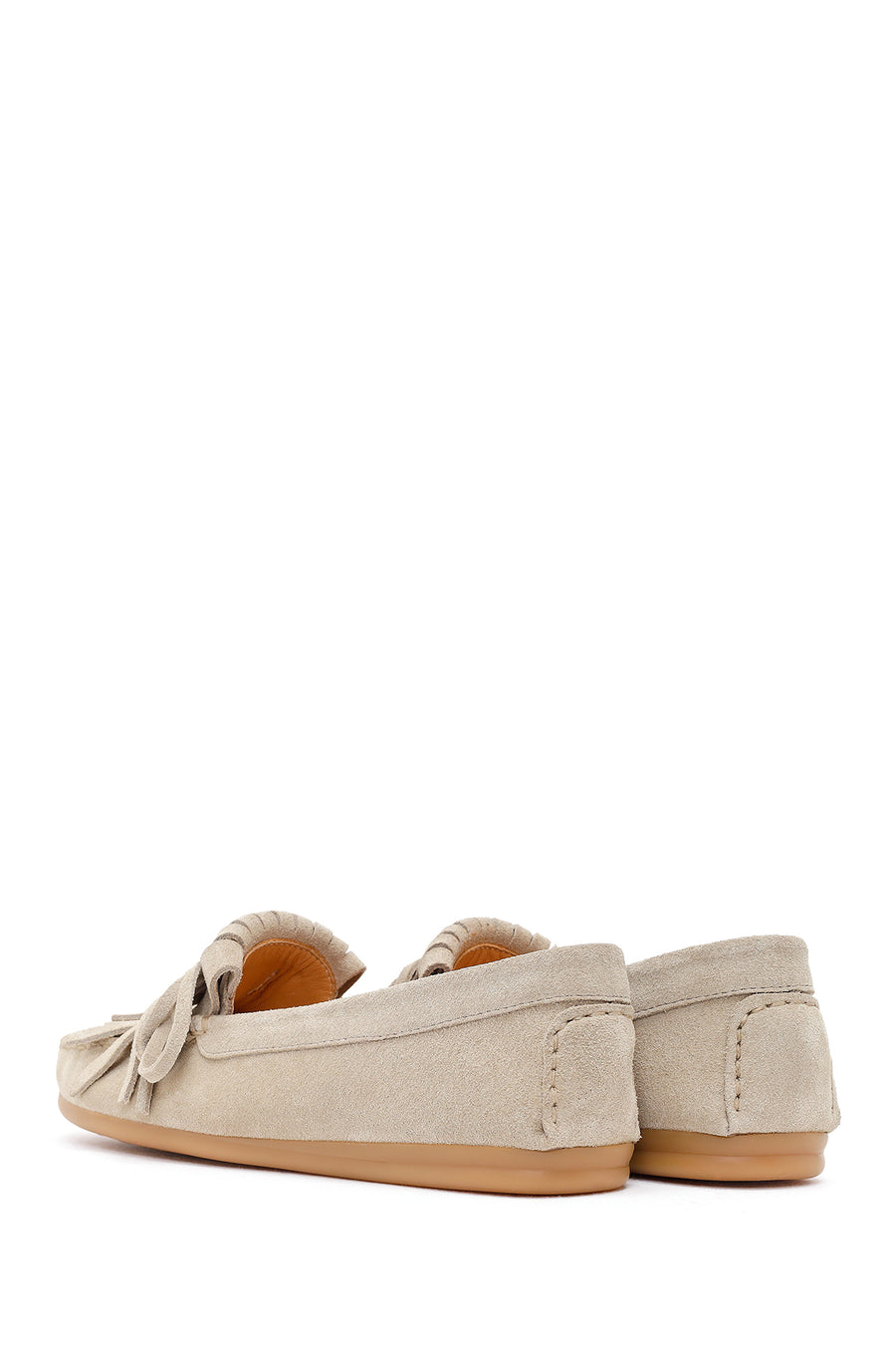 Woman Beige Tasselled Suede Leather Loafers