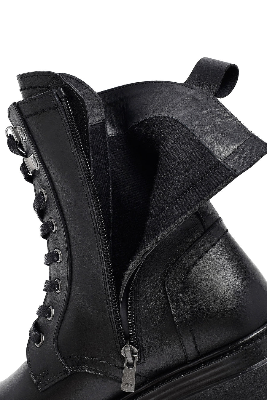Woman Black Zip Closure Lace-Up Thick-Soled Leather Combat Boots