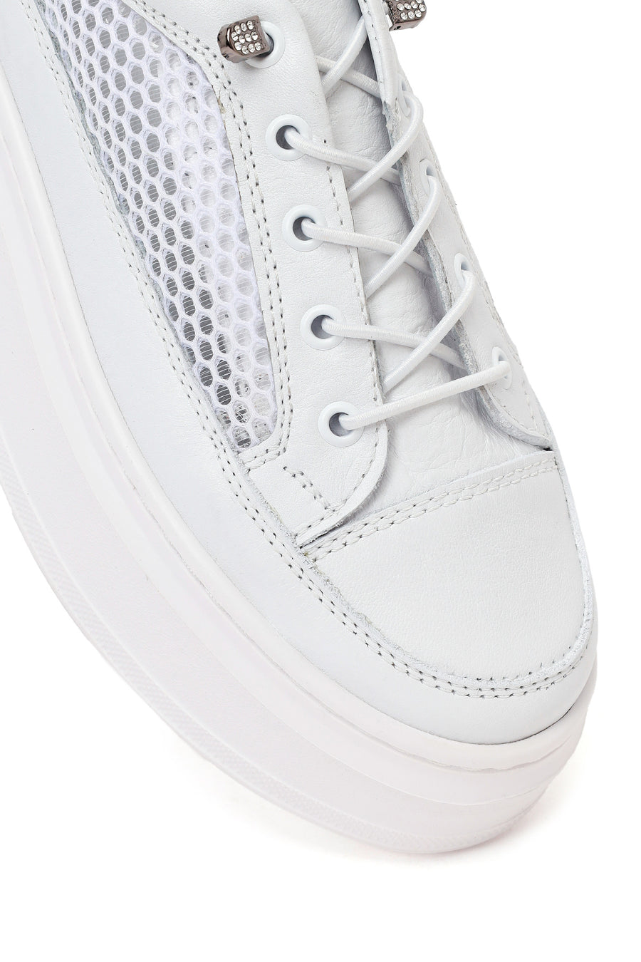 Woman White Lace-Up Thick-Soled Leather Sneaker