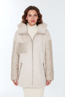 Chamonix Women's Beige Hooded Puffer Plush Leather Coat | Derimod