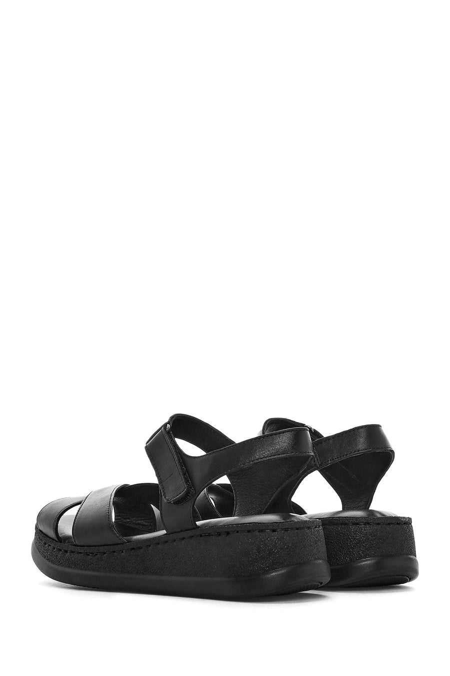 Women's Black Ankle Strap Chunky Sole Leather Comfort Sandals
