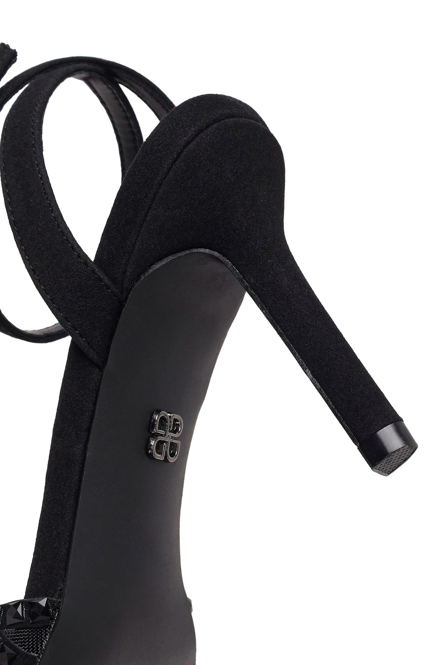 Women's Black Ankle Buckle Open Back High Thin Heel Shoes with Rhinestones
