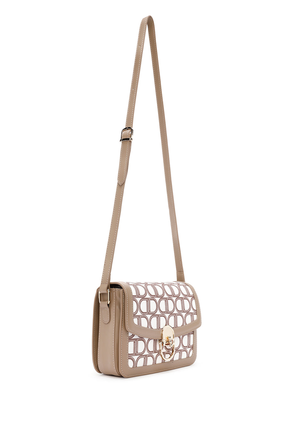 Women's Beige Long Strap Fabric Monogram Patterned Crossbody Bag