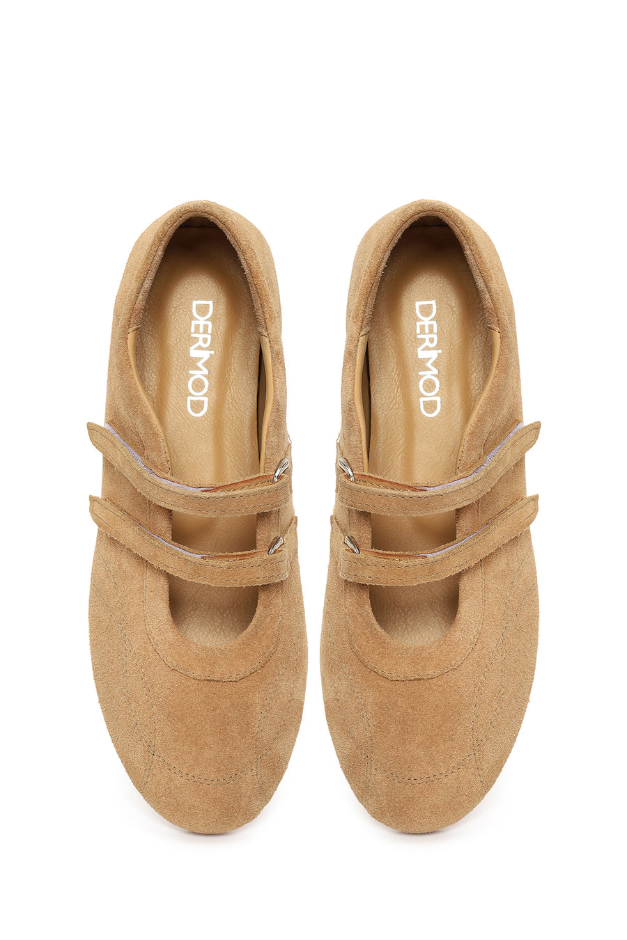 Woman Beige Double-Strap Suede Leather Ballerine Shoes