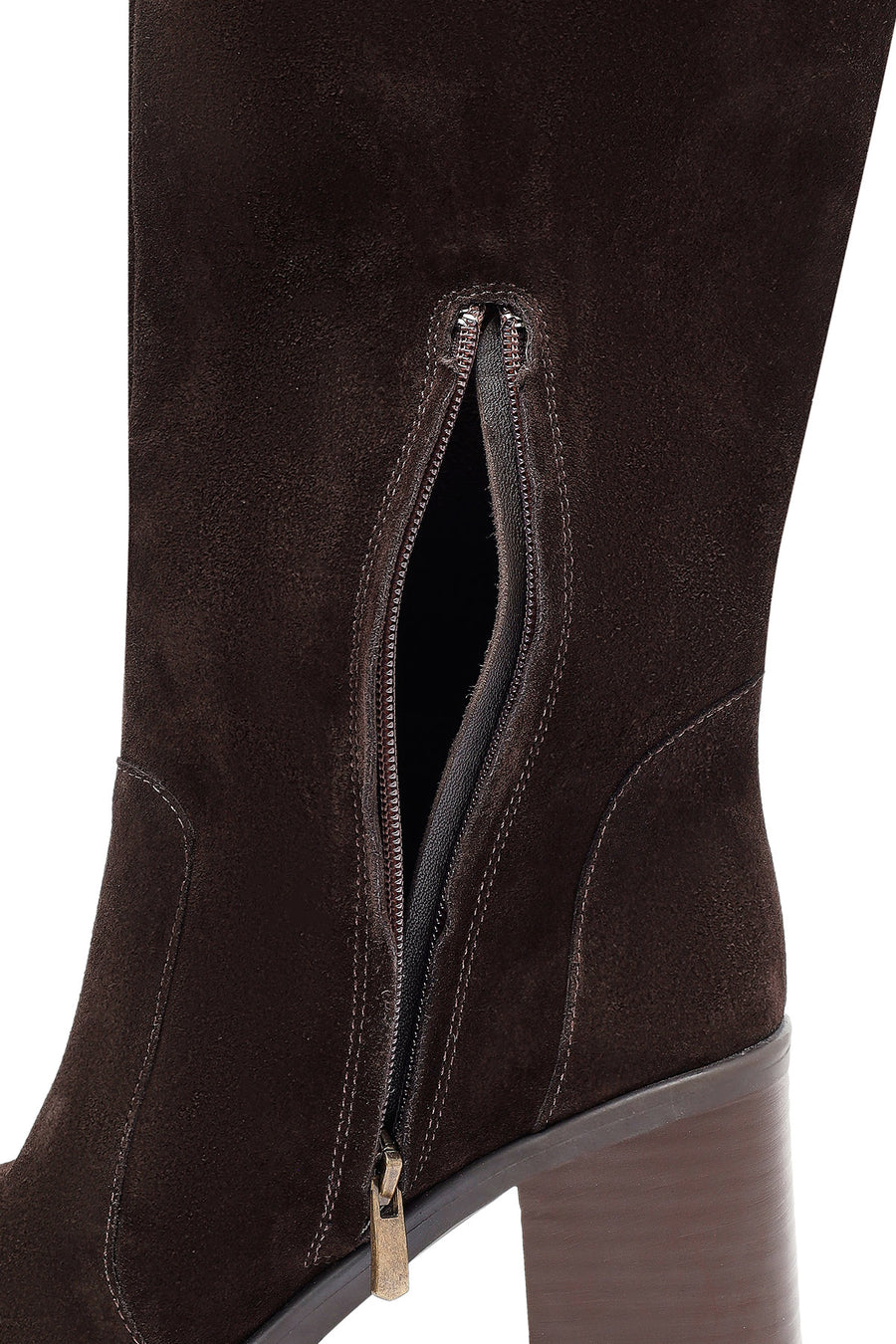 Woman Brown Zippered Chunky Heel Suede Leather Boot