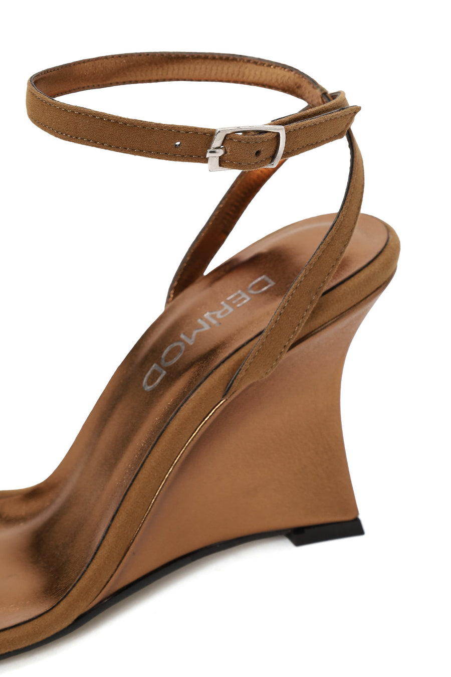 Woman Tan Ankle-Buckle Wedge-Heel Suede Sandal