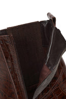 Woman Brown Thick-heeled Croc-embossed Leather Cowboy Boots | Derimod