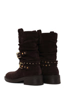 Woman Brown Suede Biker Boots | Derimod