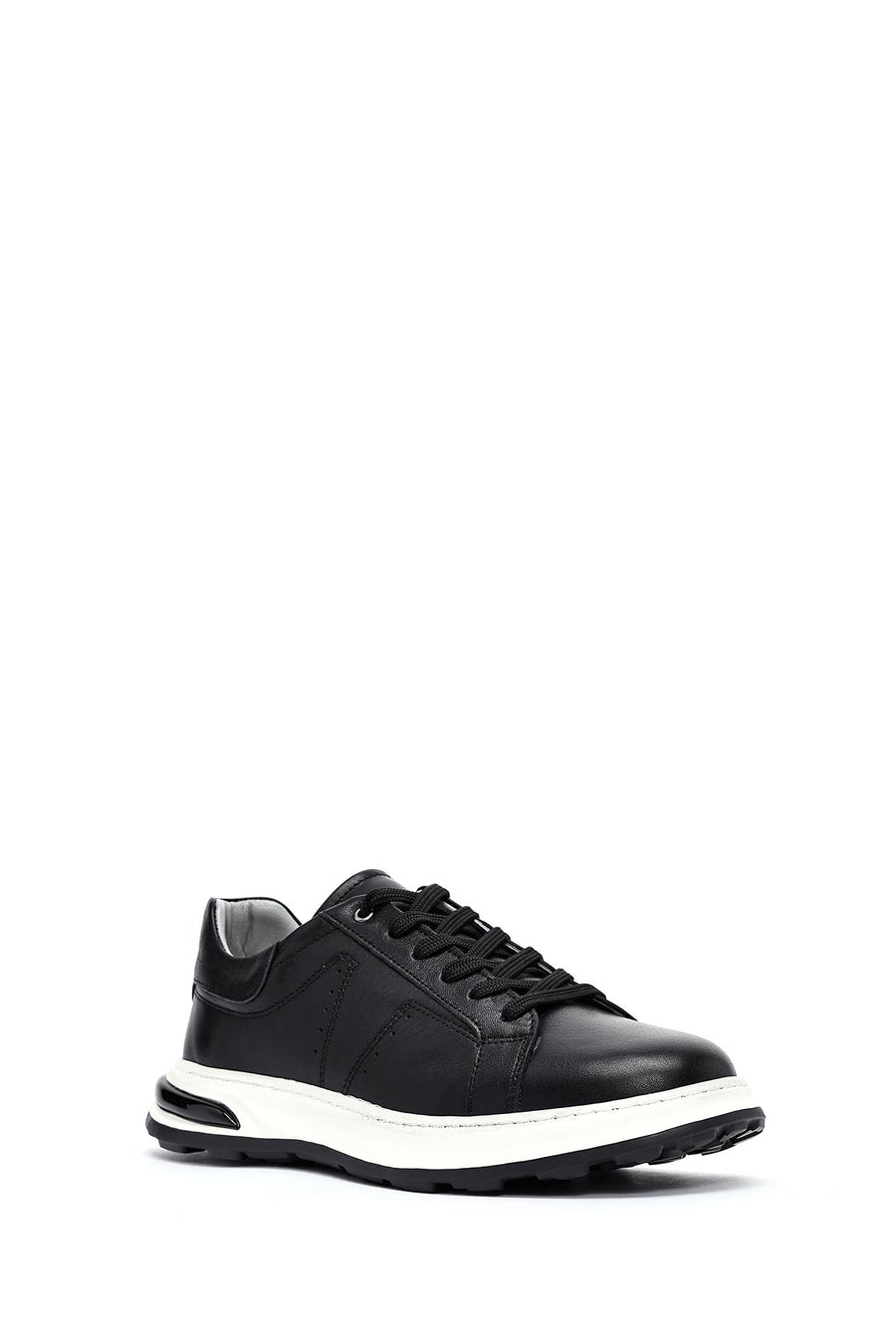 Erkek Siyah Bağcıklı Kalın Tabanlı Deri Sneaker