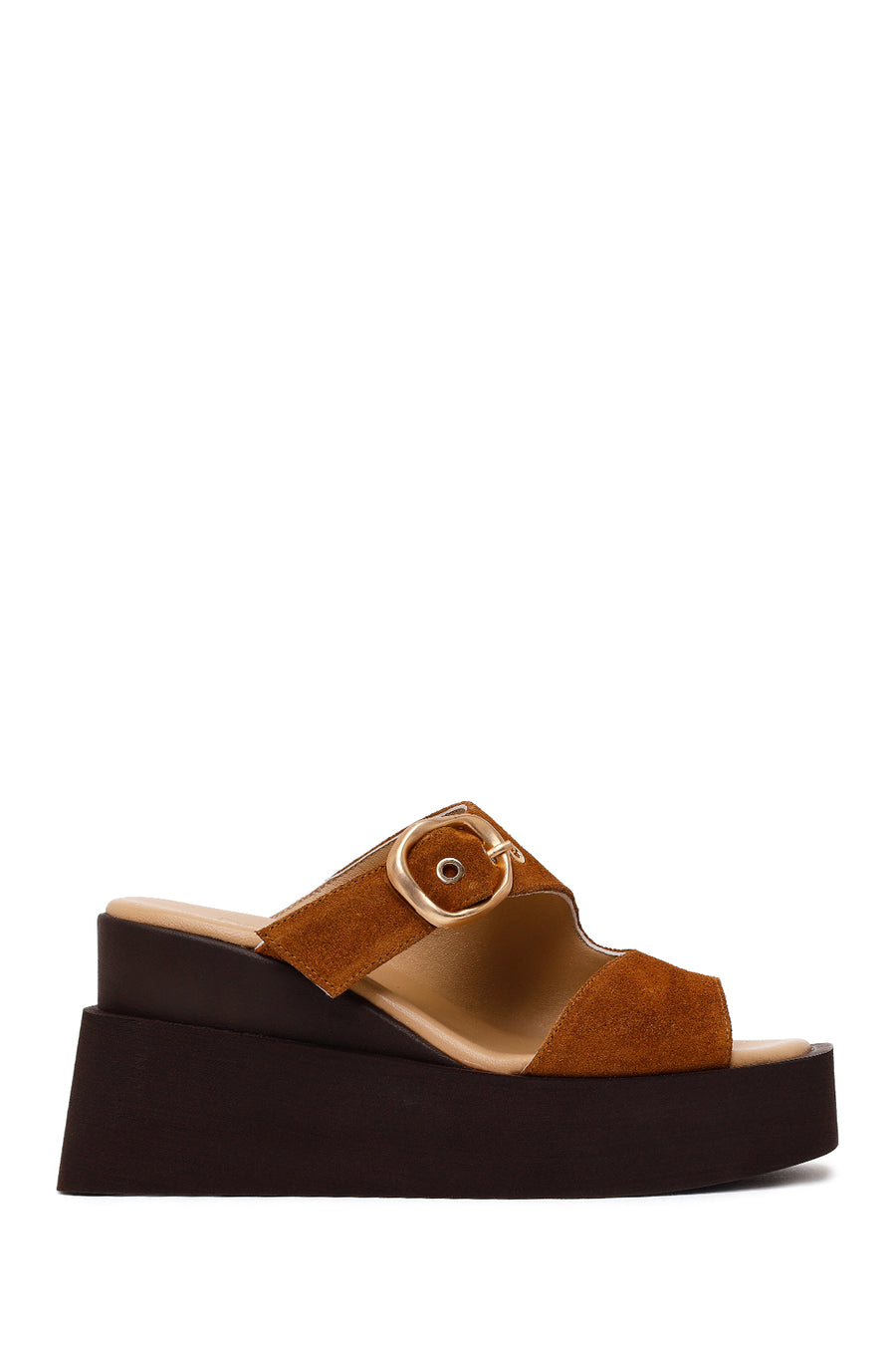 Woman Tan Buckled Wedge Heel Suede Slipper 26SFD203910 | Derimod
