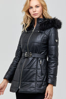 St.Moritz Women's Black Hooded Fur Puffer Leather Coat | Derimod