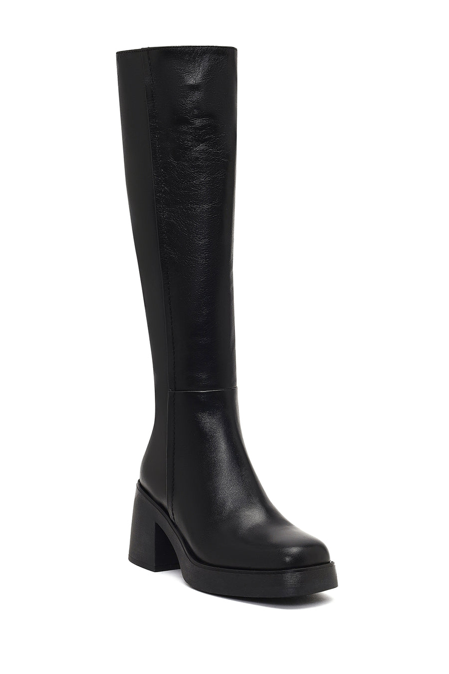 Woman Black Zip Closure Chunky Heeled Leather Boots
