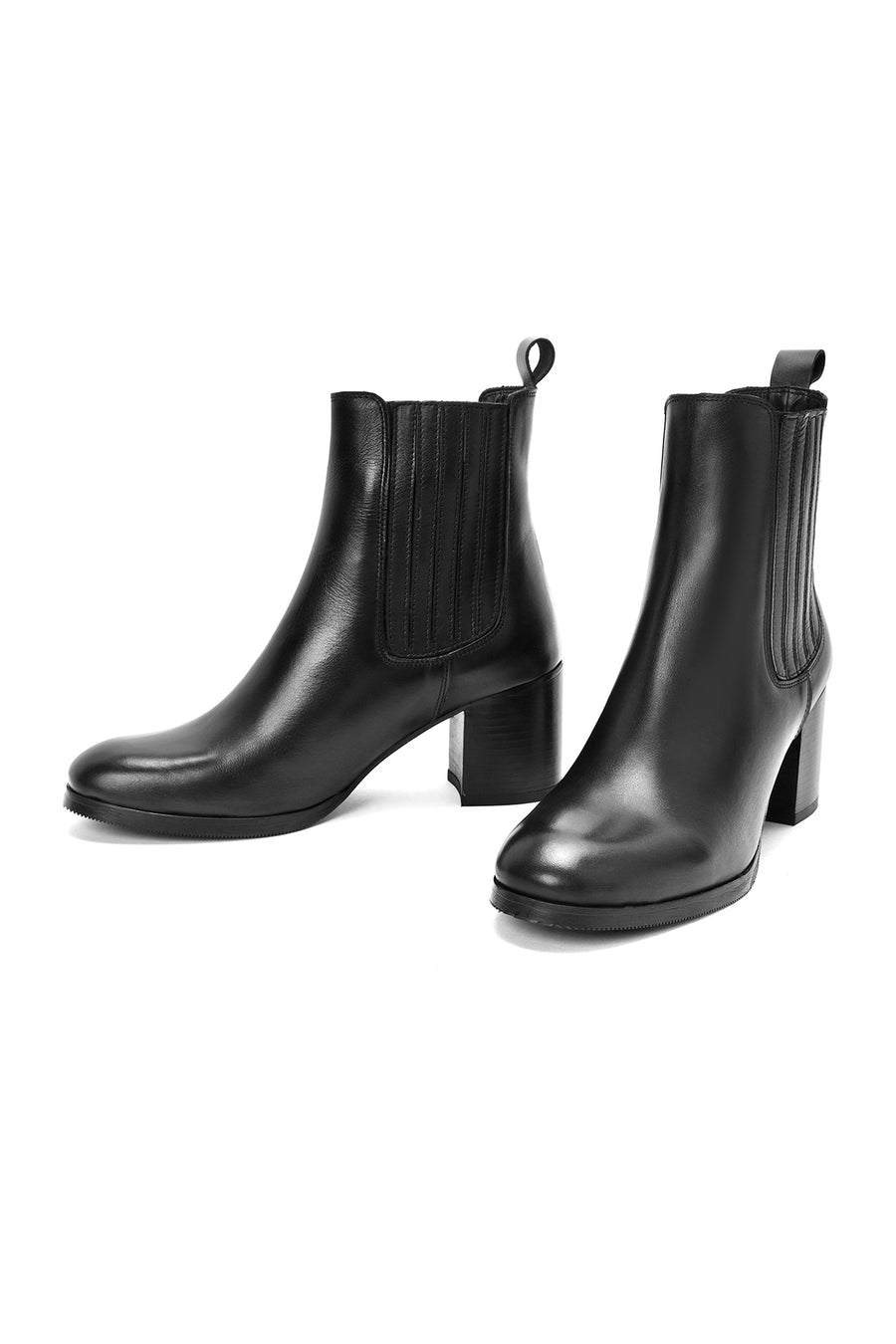 Women's Black Thick Heeled Leather Chelsea Boots