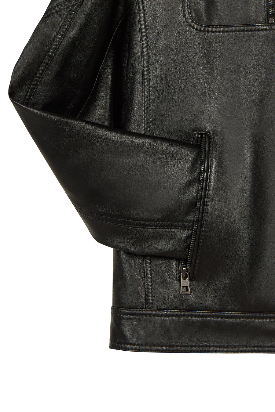 Karl Male Black Zip Closure Notched Collar Leather Jacket