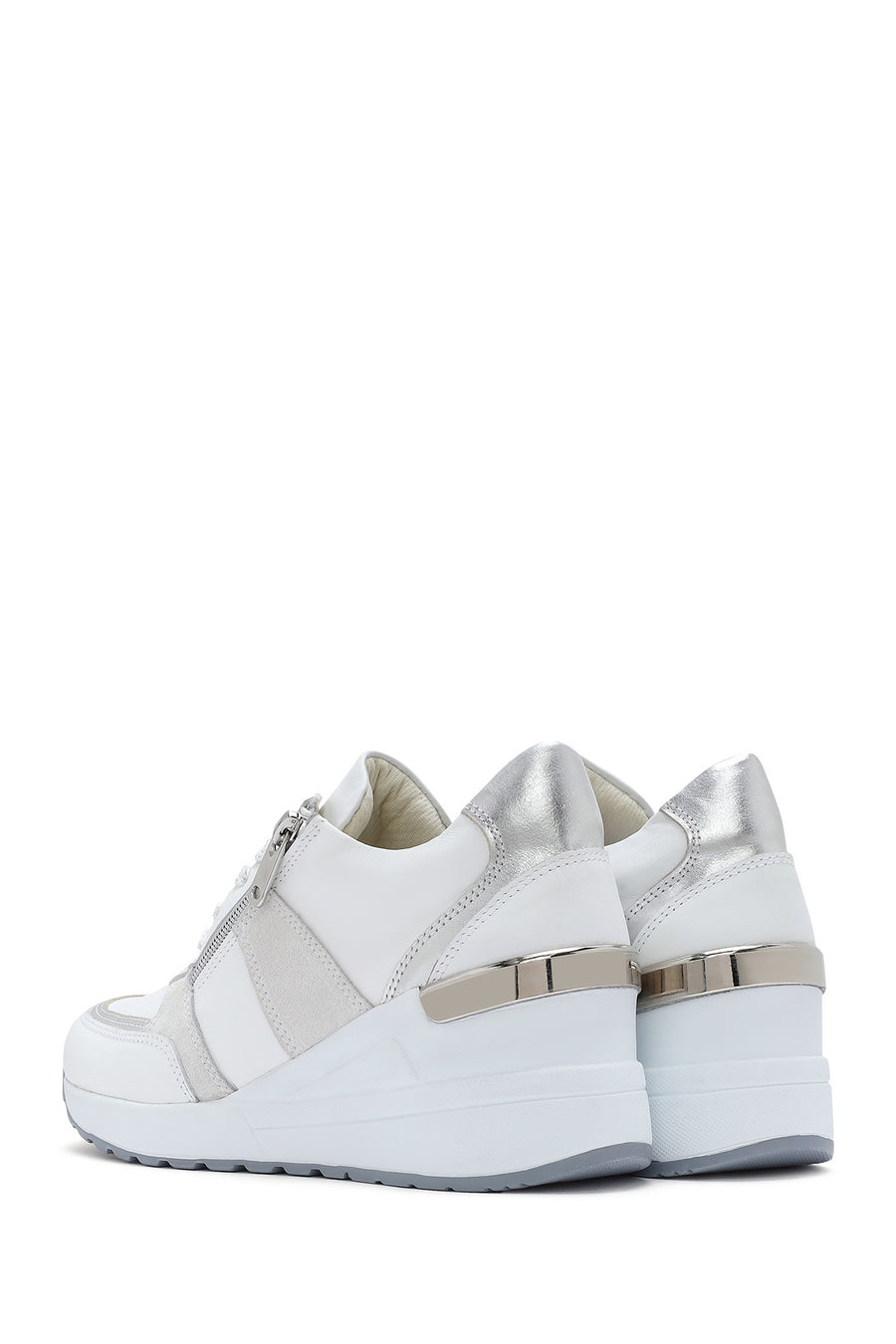 Women's White Wedge Heel Side Zip Leather Sneakers