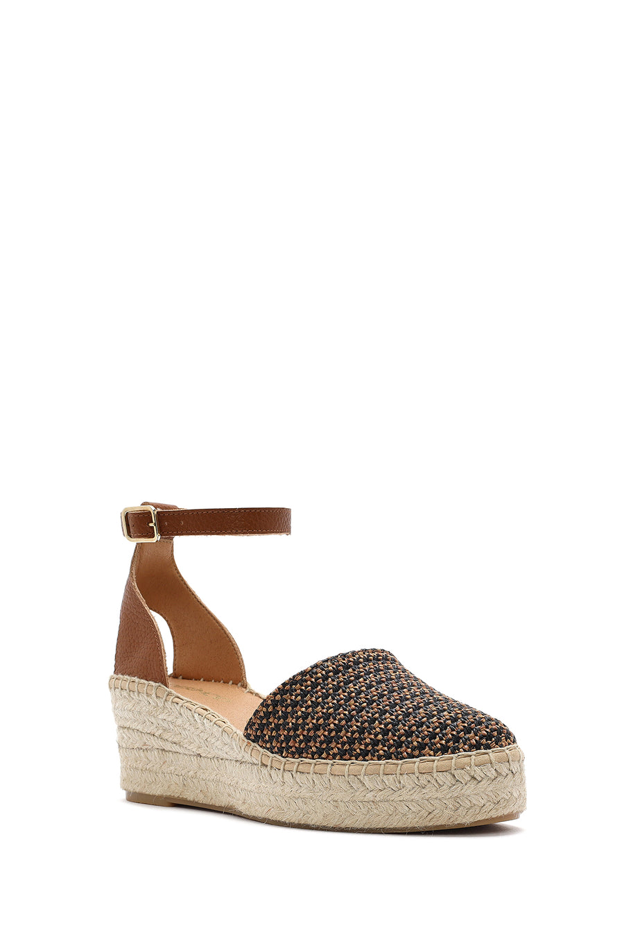 Women's Tan Ankle Buckle Wedge Heeled Straw Leather Espadrille Sandals