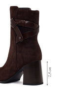 Woman Brown Zip Closure Chunky Heeled Suede Boots | Derimod