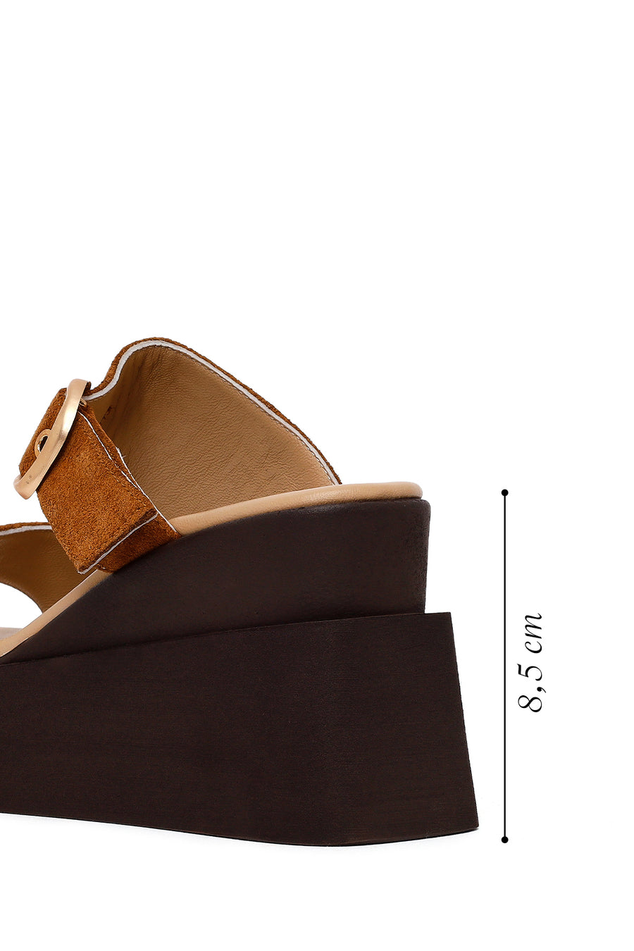 Woman Tan Buckled Wedge Heel Suede Slipper