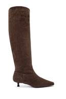 Women's Brown Thin Low Heel Suede Leather Boots | Derimod