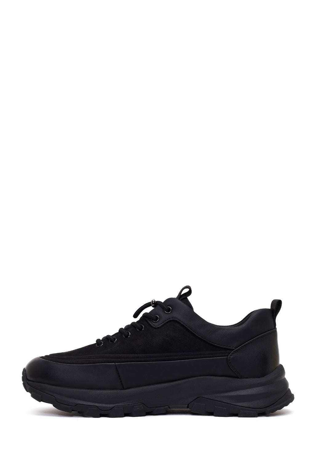 Erkek Siyah Bağcıklı Kalın Tabanlı Deri Casual Sneaker