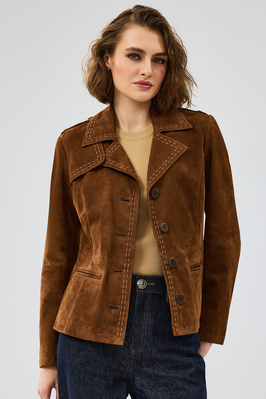 Giselle Women's Tan Short Suede Leather Jacket 24WGD525210 | Derimod