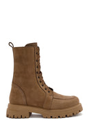 Women's Camel Zippered Nubuck Leather Combat Boots | Derimod