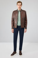 King Men's Brown Stand Collar Leather Jacket | Derimod