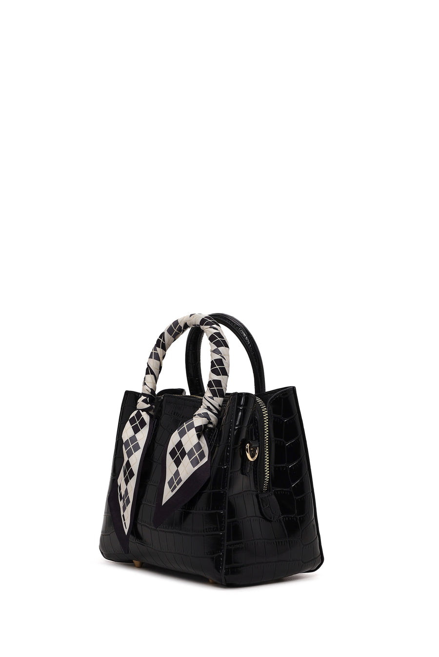 Woman Black Long-Strap Croc-Pattern Mini Shoulder Bag