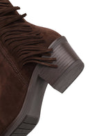 Woman Brown Tassel Chunky-Heeled Suede Leather Cowboy Boots | Derimod