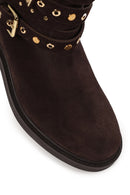Woman Brown Suede Biker Boots | Derimod