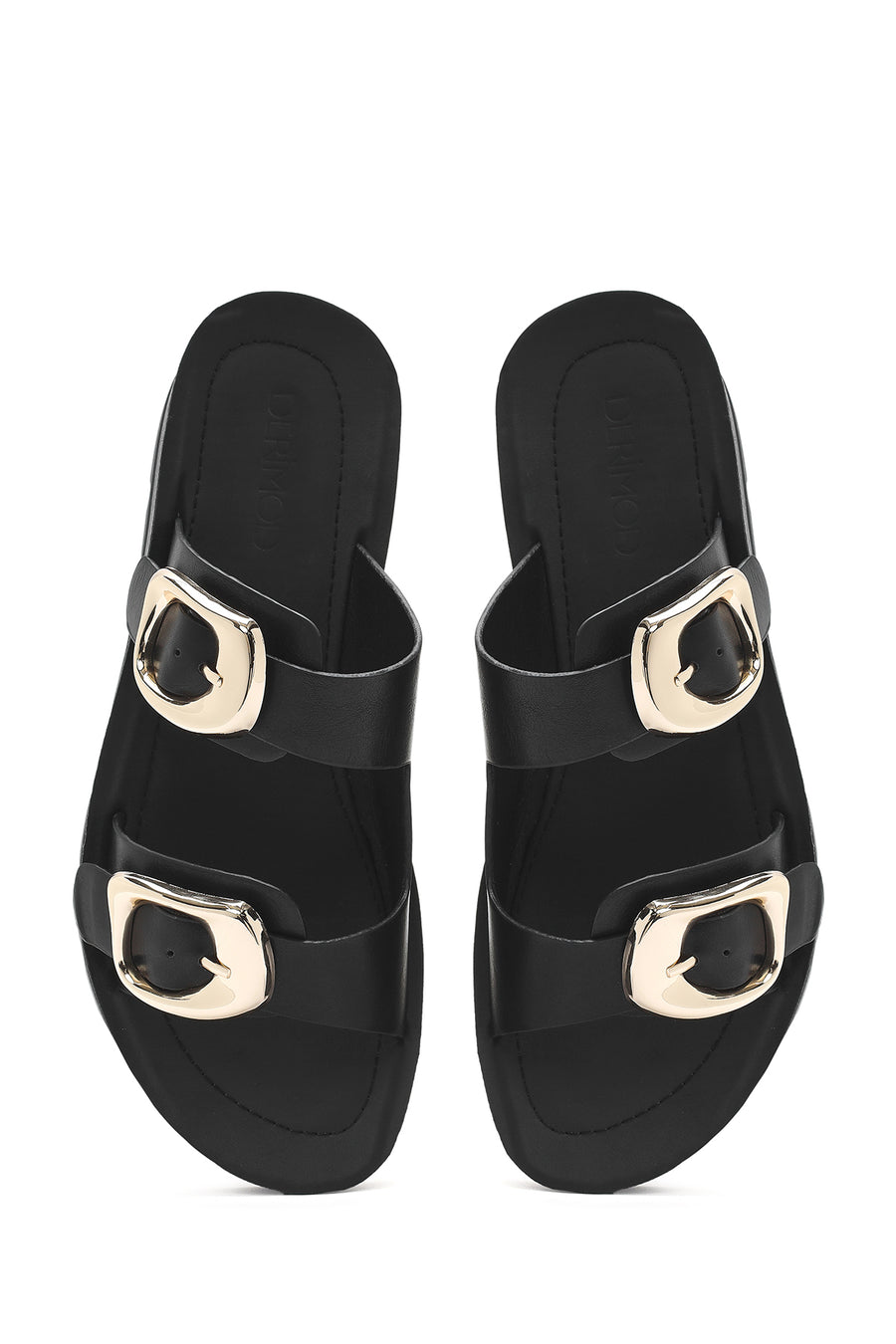 Women's Black Double Buckle Thick Soled Slippers